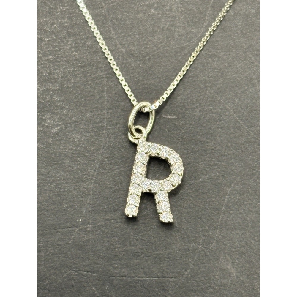 New Condition 18" Sterling Silver Cubic Zirconia Initial "R" Pendant Necklace